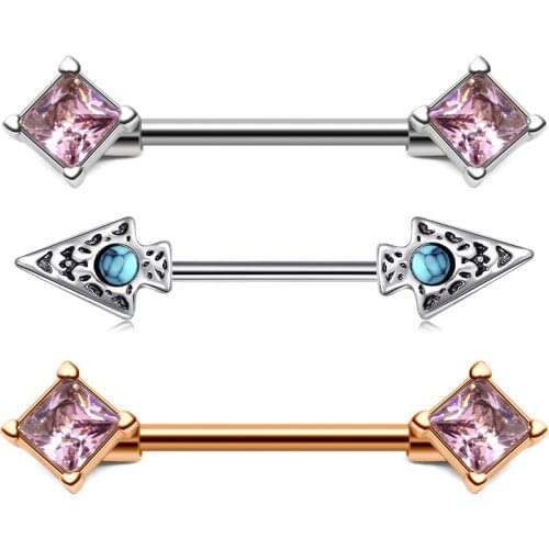 14G nipple ring stainless steel tribal spear nipple piercing classic antique nipple bar opal & square drill nipple barbell