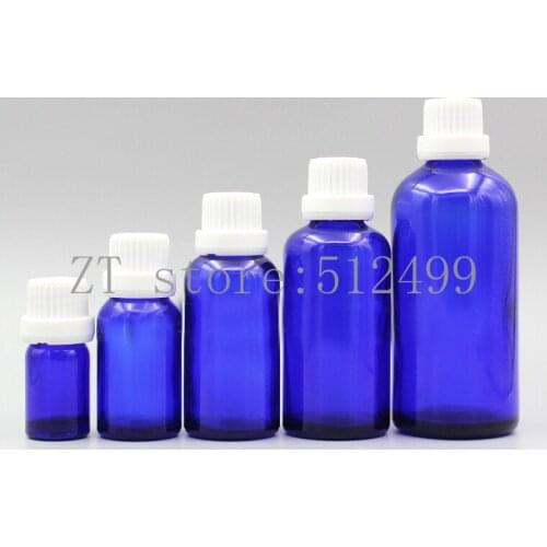 2/10pcs 5ml 10ml 15ml 20ml 30ml 50ml 100ml Empty Blue Glass Perfum Essential Oil Bottles with White Big Plastic Screw Cover Cap