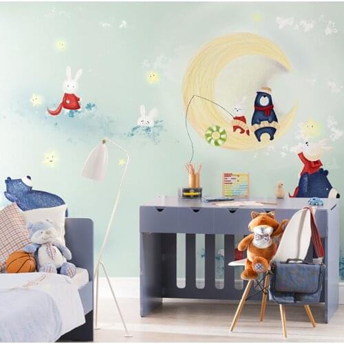 Cartoon Moon Wallpaper Mural 3d Wall Photo Mural for Kids Room Sofa Kindergarten Background 3d Rabbit wall paper Mural Decor