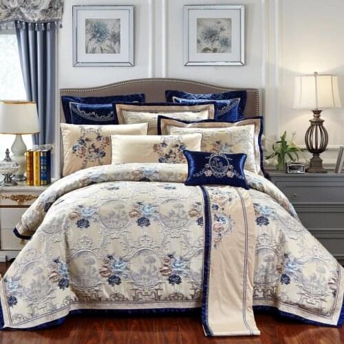 4Pcs Blue Jacquard Luxury Bedding Set King/Queen Size US king 104X90in Cotton Flat sheet Bed Spread Duvet Cover Pillowcases