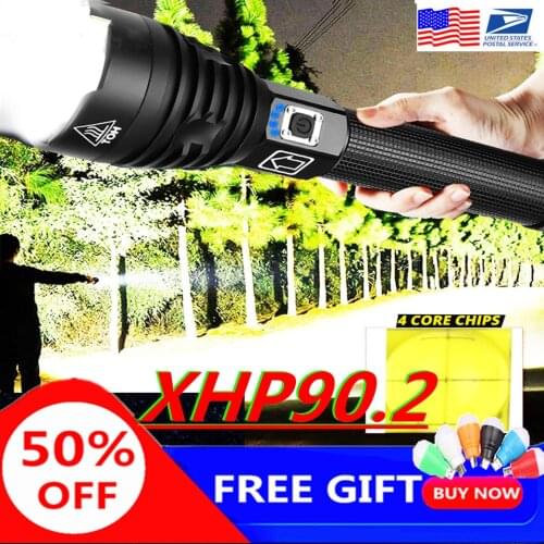 80000lm Dropshipping XHP90.2 LED XLamp Flashlight Zoom USB Rechargeable Power Display Powerful Torch 18650 26650 Handheld Light