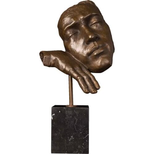 ArtsHom DS-708 Abstract Statue Human Face Sculpture Bronze Thinking Man Head Bronze Figurine Vintage Metal Art Home Decoration