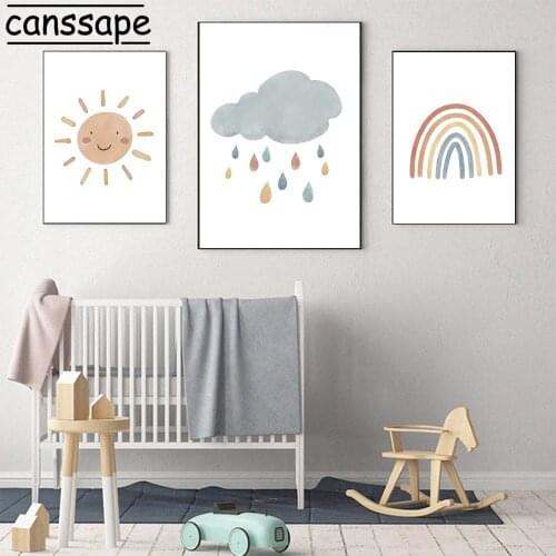 Child Wall Print Rainbow Sun Canvas Painting Clouds Art Prints Nursery Poster Nordic Modern Wall Pictures Kids Room Decoration