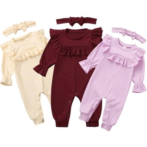 Baby Girl Clothes Ruffle Ropmper Newborn Kids Clothing Infant Girls Solid Long Bodysuit Jumpsuit Whit Headband 2pc Outfits 0-24M