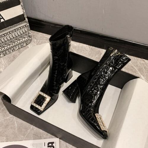 New Diamond Buckle Thick Heel Boots Patent Leather Stone Grain Square Toe boots Side Zipper High-tube Womens Ankle Boot