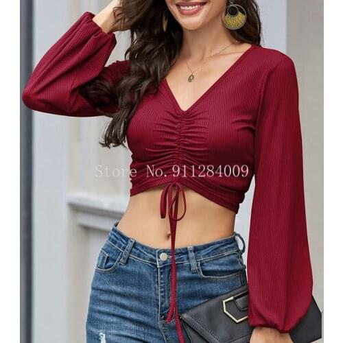New Autumn Winter Sexy Women V Neck Off-Navel Short Tops Casual Solid Drawstring Long Sleeve T-shirts Elegant Bandage Party Tops