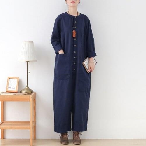 New Vintage Autumn Jean Jumpsuits Women Rompers Cotton Patchwork Big Pocket Playsuits Long Sleeve Loose Wide Leg Pants Overall