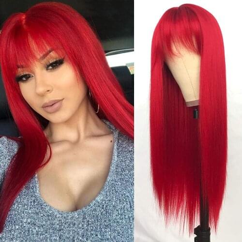 Red Color Wig with Bangs Synthetic Heat Resistant Fiber Hair Wig Silky Straight Full Machine Made Wig