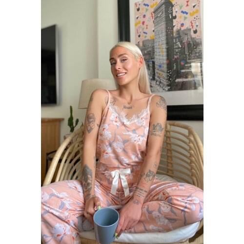 Pajamas Set Women Two Piece Floral Pattern Lace V-Neck Rope Strap Nightgown Set Comfortable Knitted Rope Straps