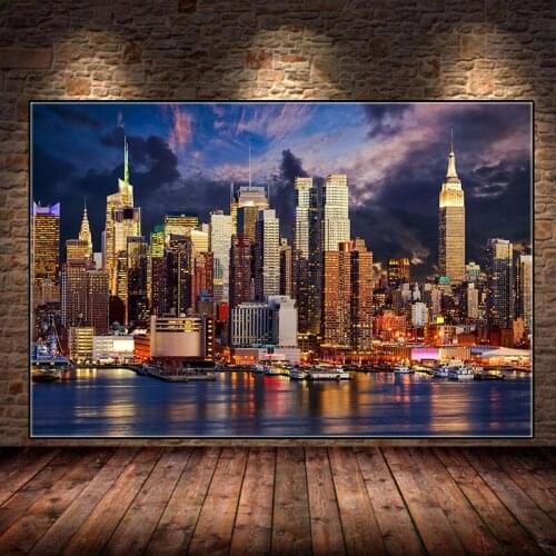 New York City Manhattan Building Posters Sunset Cloud Landscape Canvas Painting Lights Night View Wall Picture Home Decoration