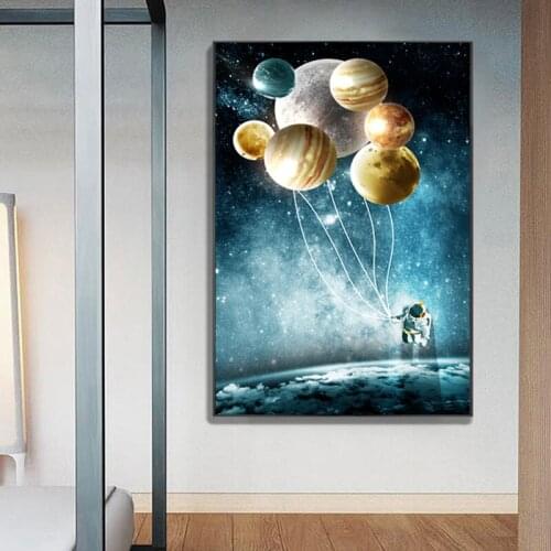 Balloon Wall Art Canvas Painting Astronaut Planet Space Prints Posters Nordic Cartoon Animal Wall Pictures for Kids Living Room