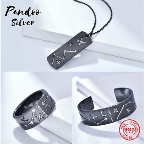 High Quality S925 Sterling Jewelry 1:1 Copy, Black Silver Constellation Adjustable Necklace Open cuff Ring set For Women Gift