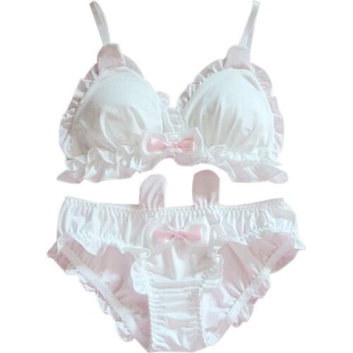 Japanese Soft Girl Loli Cute Girl Heart Lolita Rabbit Ears Underwear Triangle Cup Bra Set Girls Underwear Teen Bra Pink Cute Bra
