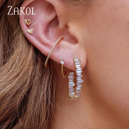 ZAKOL Luxury Baguette Trendy Fashion AAA Cubic Zirconia T Stone Hoop Earrings For Women Accessories FSEP2254