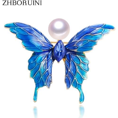 ZHBORUINI 2019 Real Natural Pearl Brooch Blue Enamel Butterfly Pearl Pins Freshwater Pearl Jewelry For Women Gift Accessories