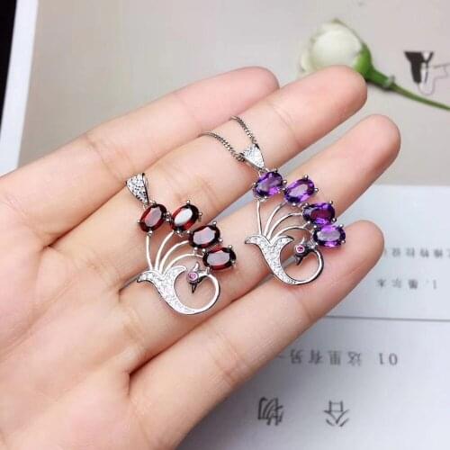 Natural red garnet pendant S925 silver Natural amethyst Pendant Necklace trendy Fashion Peacock Wing women party fine jewelry
