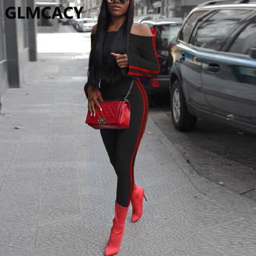 Women Two Piece Casual Tracksuits Long Sleeve Off Shoulder Crop Top & Slim Striped Pants Set