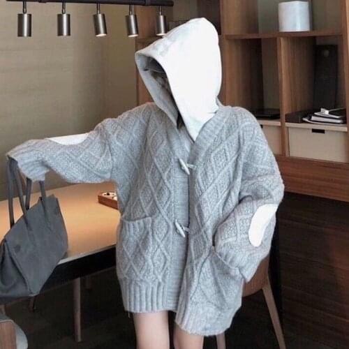 Vintage 90s WomenS Sweater Oversized Button Patching Hooded Sweater Coat Jacket Knitted Cardigan Harajuku Overcoat Outwear