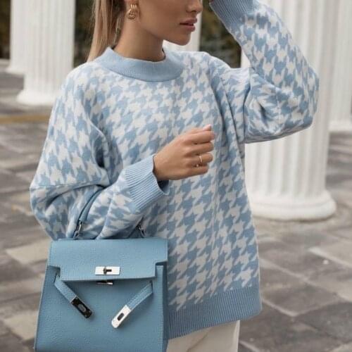 Women 2021 Fashion Oversized Jumper Houndstooth Knitted Sweater Vintage Long Sleeve Loose Female Pullovers Chic Tops Khaki G2114