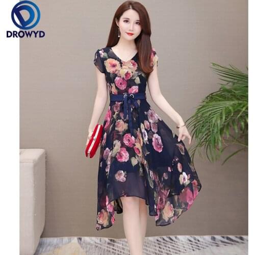 2021 Vestidos Casual Slim Solid Sexy Female V-Neck Chiffon Robe Women Party Short Sleeve Floral Zipper Summer Midi Lady Dresses