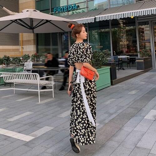 Vintage Floral Dresses for Women 2021 Summer Short Sleeve Square Collar Slim Casual Elegant Bow Hollow Out Bandage Long Dress