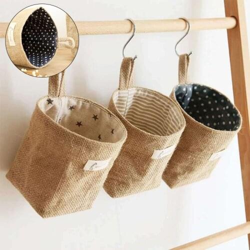 1pcs Decor Stripe Hanging Pocket Small Sack Sundries Organizer Cosmetic Organiser Cotton Linen Storage Bag Storage Baskets