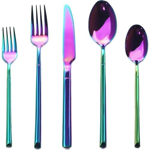 5 Pcs/ Set Luxury Rainbow Flateware Set Knife Spoon Fork Tableware Kitchen Food Cutlery Set 18/10 Stainless Steel Dinnerware Set
