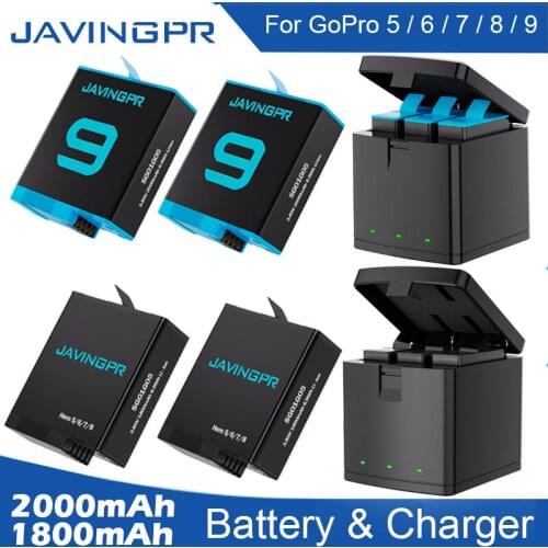 Original JAVINGPR Battery For GoPro Hero Action Sports Camera LED 3-Ways Fast Charger For Go Pro 9 8 7 6 5 Black Accessories