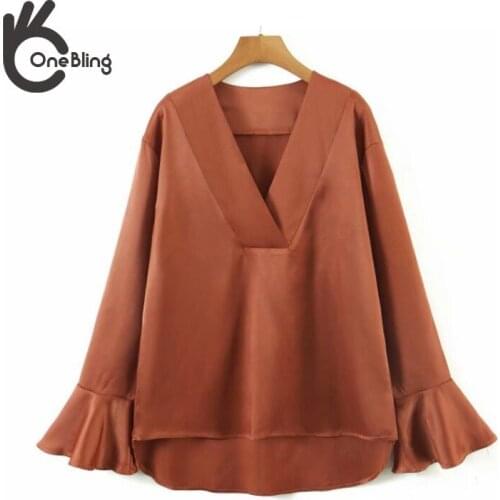 OneBling Za Woman 2021 Traf Blusas Chemise Femme V Neck Flared Sleeves Solid Blouses Femme Autumn Chic Silk Satin Fashion