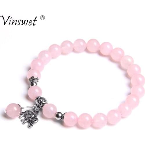 Fashion Design Boho Charm Bracelets Women Natural Rose Quartzs Beads Bangle For Men Elephant Owl Pendant Bracelet Women Jewelry