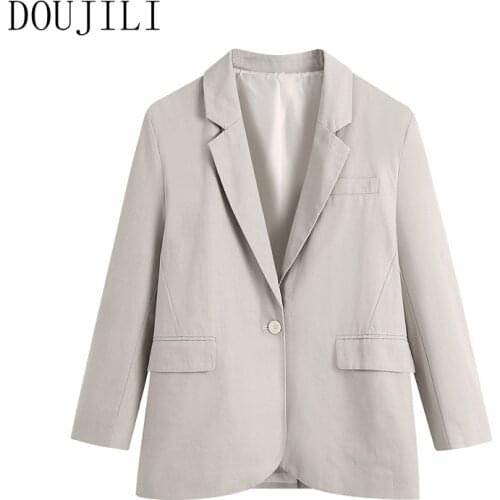 DOUJILI Fashion Ladies Suit Coats Long Sleeve Pocket Cotton Vintage Temperament Blazer For Autumn Spring Wearing