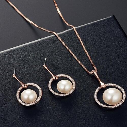 Faux Pearl Charm Pendant Rhinestone Earrings & Necklace Jewelry Set for Party Wedding Neck Chain Dangle Earrings for Women New C