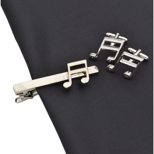 Fashion lychee Metal Copper Hollow Cufflink Tie Clip Set Mens Musical Note Cufflink Tie Clip Set Silver Jewelry