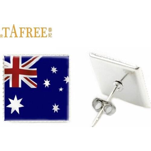 TAFREE countryflag square stud earrings Australia Flag Picture Glass Cabochon New fashion Love my home country jewlery FG08