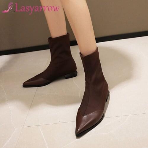 Lasyarrow Autumn 2020 Pointed Toe Chunky Low Heels Yellow Black Brown Stretch Sock Ankle Boots for Women Plus Size Womens Shoes