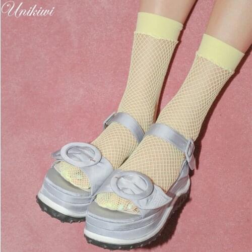 8 Colors.Womens Harajuku Candy Color Yellow Breathable Fishnet Socks.Lady Sweet Lolita Hollow out Nets Fishnets Socks Mesh Sox