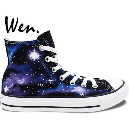 Wen Original Hand Painted Sneakers Design Custom Blue Purple Galaxy Stars Men Womens High Top Canvas Shoes