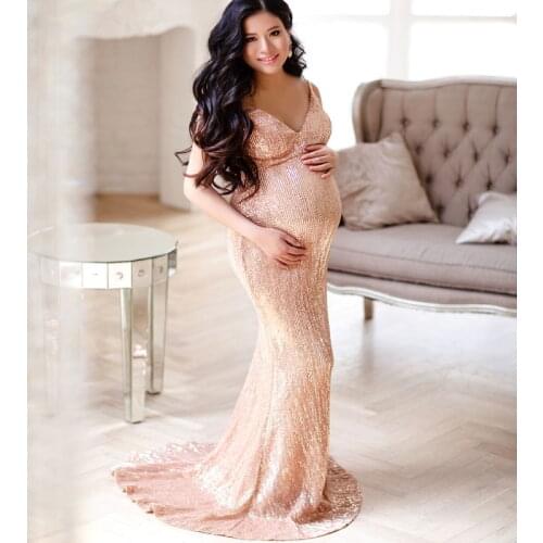 Rose Gold Maternity Dresses Sequined Maternity Gown for Photoshoot Boudoir Lingerie Robes Bathrobe Nightwear Babydoll Robe