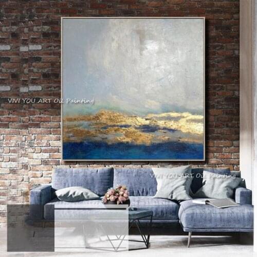 Hand-Painted Oil Paintings on Canvas Gold Grey Sky Foil Abstract Painting Wall Picture for Living Room Home Decor Art No Framed