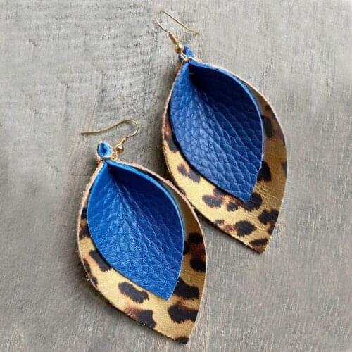 Best Selling Valentines Day New Leopard Doubles Leather Earrings Layered Multicolor Gold Metallic Pinch Style Leaf Earrings