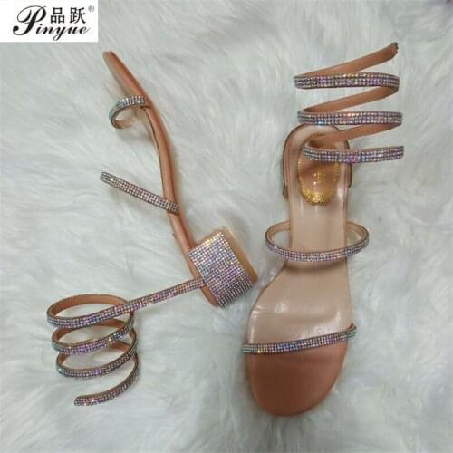 Serpentine Square Heel Sandals Women Champagne Satin Cloth Shining Rhinestones Sexy Thick Heel Women Shoes Fashion Fairy Sandals