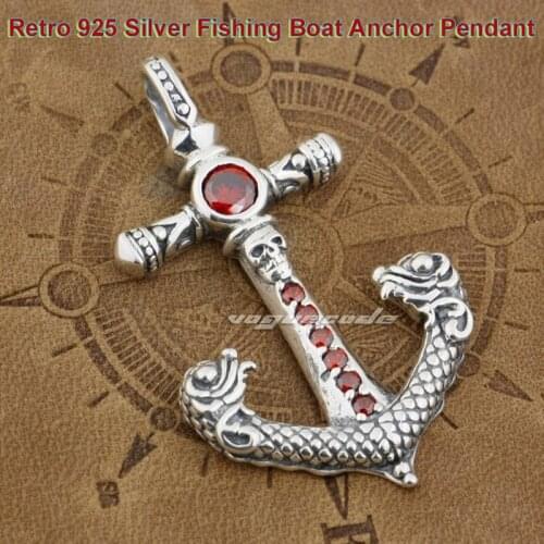 Retro 925 Sterling Silver Fishing Boat Anchor Pendant Punk Rock Individuality Cross Red CZ Stone Pendant 9J002 + Steel Necklace