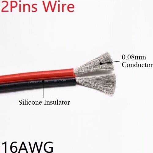 Silicone Rubber 2pins Wire 16AWG Extra Soft Insulated Double Core High Temperature Electric Cable Copper LED Lamp Line Black Red