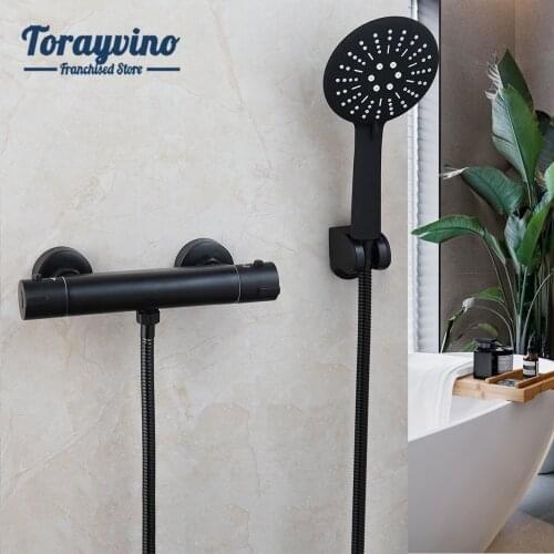 Torayvino Thermostate Black Brass Mixer Faucet Bathroom Wall Mounted Round&Cylinder Hand Shower Spray Shower Set Tap