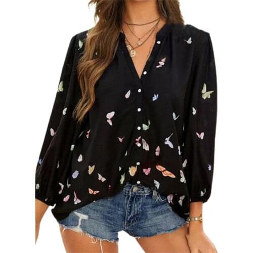 Women Shirt Butterfly Print Long Sleeve Top Fashion Single-breasted Loose Blouse for Spring Single-breasted Women Shirt Lo
