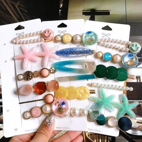 6pcs/set Starfish Smiley Barrette Hair Accessories For Women Sweet Simulatied Pearl Acrylic Hairpins Clips Girl Fashion Jewelry