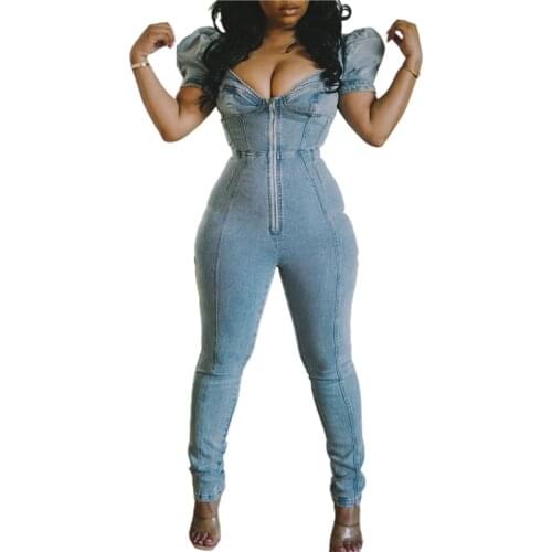 2021 New Arrival Summer Sexy Puff Sleeve Zipper Jeans Denim Jumpsuit Playsuit Fashion Elegant Rompers Overalls Plus Size Outfits