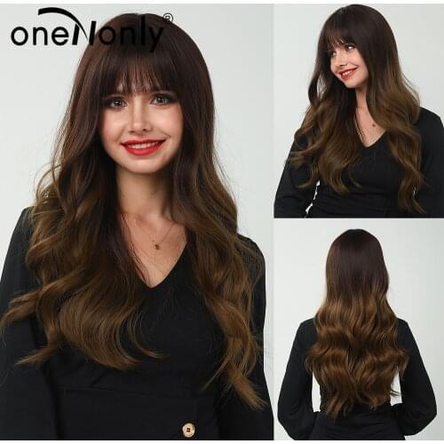 OneNonly Long Ombre Brown Gradient Body Wave Synthetic Wigs with Bangs for Black White Women Cosplay Daily Hair Heat Resistant