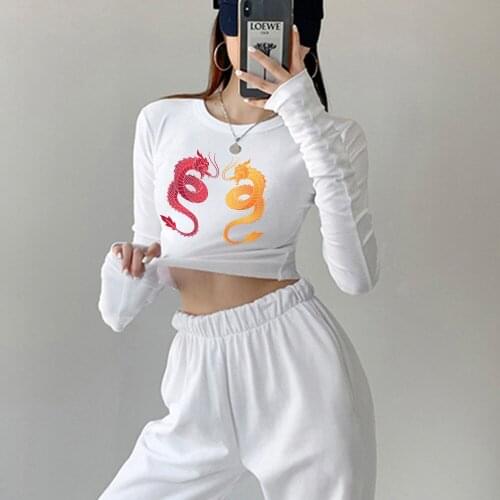 Women Goth Dragon Crop Top Long Sleeve Cotton Harajuku Style Sweatshirt Wide Leg Sweatpants Aesthetic Two-piece Suits for Girls