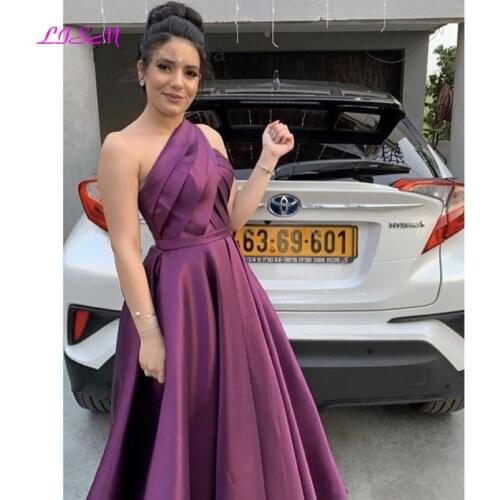 One Shoulder A-Line Floor Length Satin Prom Dress Pleated Long Women Party Gowns Sexy Side Slit Evening Dress